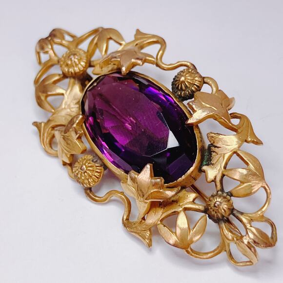 Antique Art Nouveau Gold Tone Ivy Vine Brooch Purple Glass Edwardian 1900s Pin - Picture 6 of 14
